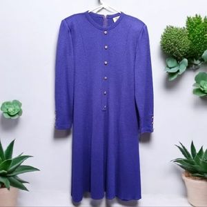 Vintage Mita Plum Purple Krinkle Spun Knit Dress Gold Buttons Womans 12 Retro
